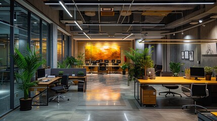 Spacious and stylish modern loft office interior with contemporary furniture and design elements in urban setting