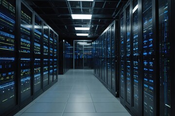 Corridor in Working Data Center Full of Rack Servers and Supercomputers with Internet connection Visualisation Projection