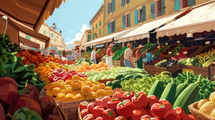 A bustling farmer's market filled with colorful produce, promoting the benefits of local and sustainable food sources.