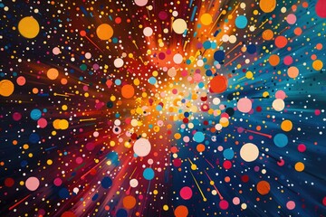 A burst of energy captured through a vibrant display of solid-colored dots.