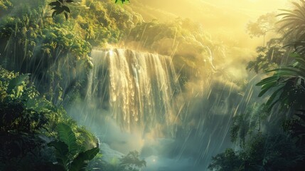 A breathtaking view of a cascading waterfall, surrounded by lush greenery, with the sun casting golden hues on the mist.