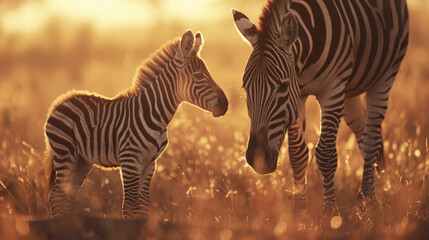 Fototapeta premium A tender scene of a zebra mother and baby touching noses in the golden light of sunset, emphasizing their connection and the beauty of nature