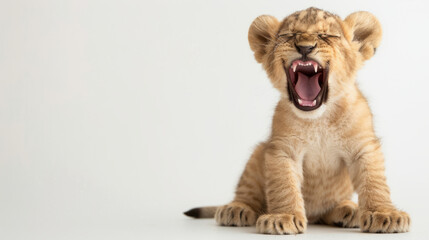 Obraz premium A young lion cub caught mid-yawn, mouth wide open, sitting against a plain white background, highlighting its playful nature