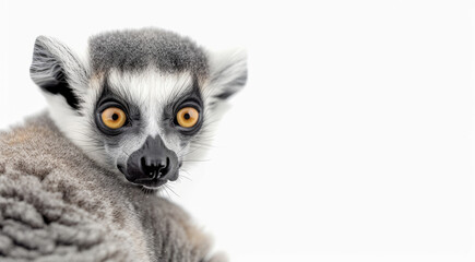 Obraz premium Close-up of a lemur with wide, alert yellow eyes, providing a captivating view into its unique characteristics, against a plain white background