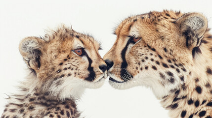 A powerful image capturing two cheetahs face to face, their expressions intense, set against a white background that highlights their striking features
