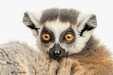 Fototapeta premium A lemur in a thoughtful pose, its eyes full of wonder, captured against a plain white background to emphasize its endearing appearance