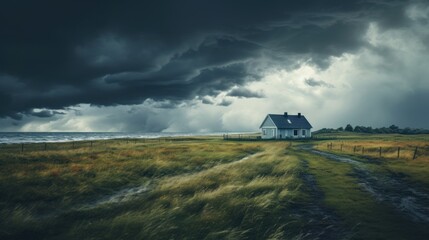 Fototapeta premium a lone house standing amidst a raging thunderstorm, with swirling winds 