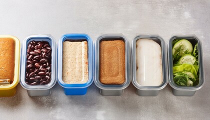Four assorted food containers in a line