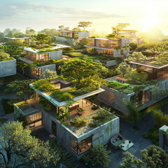 Creative building concepts at an eco-friendly residential area, with homes designed for minimal environmental impact, featuring green roofs and natural cooling systemsHighly detailed