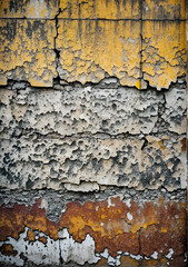 Old grunge wall texture with peeling paint. Urban decay wallpaper background. Detailed shot of weathered paint on plaster and brick.