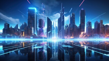 A futuristic cityscape with towering skyscrapers illuminated by neon lights, 