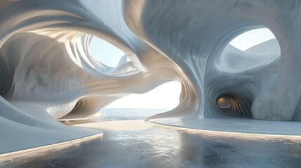 Fluid architecture in a seaside opera house, with undulating walls and ceilings that mimic the waves, providing an immersive, organic experience3D render illustrations