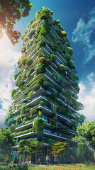 Modern construction of a vertical garden skyscraper, integrating green spaces on every level to enhance urban biodiversity and air quality3D render illustrations