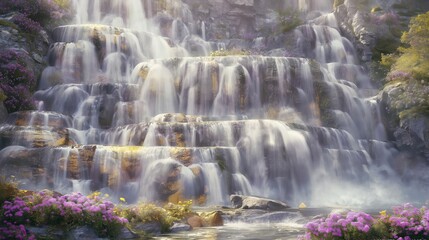 Wodospad opadający z klifu, w tle gładka skała oraz kwiaty w pierwszym planie. Praca ta ukazuje harmonię pomiędzy żywiołami natury, tworząc wrażenie spokoju i piękna krajobrazu