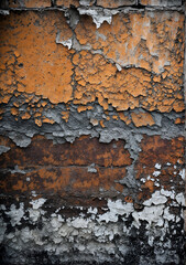 Old grunge wall texture with peeling paint. Urban decay wallpaper background. Detailed shot of weathered paint on plaster and brick.