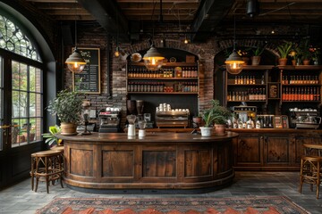 Rustic Bar Design Featuring Natural Lighting and Wood-Centric Decor
