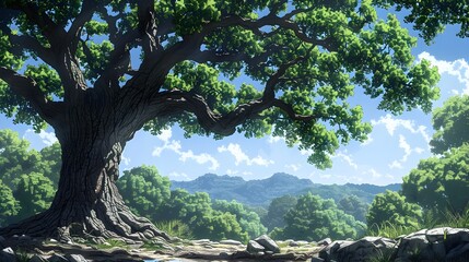 Obraz premium Majestic Oak Tree Stands Tall in Serene Forest,Emanating Tranquility and Strength