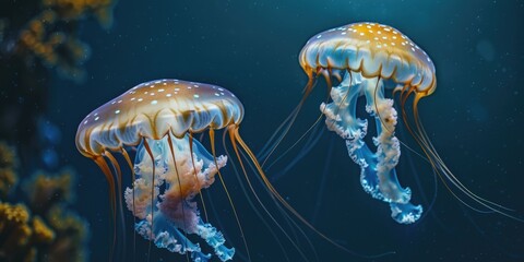 Two jellyfish are swimming in the ocean