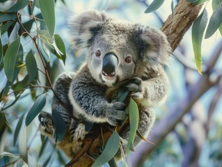 Obraz premium A koala is sitting on a tree branch and eating a leaf