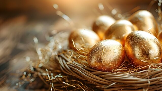 Symbolism of Golden Eggs in a Wicker Basket: Signifying Wealth, Luxury, and Prosperity. Concept Wealth, Luxury, Prosperity, Symbolism, Golden Eggs, Wicker Basket