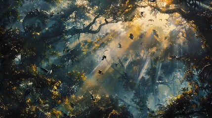 Mystical High-Angle Visualization of a Dense,Wildlife-Filled Forest with Interplay of Light and Shadow