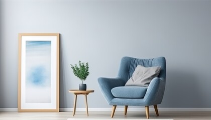 Modern living room indoor design with the scene of a  chair, a modern armchair with walls poster mockup