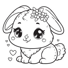 Cute bunny rabbit smiling and sitting outline sketch vector illustration cartoon with white background. Cute bunny rabbit can be use as icon or clip-art or for coloring page.