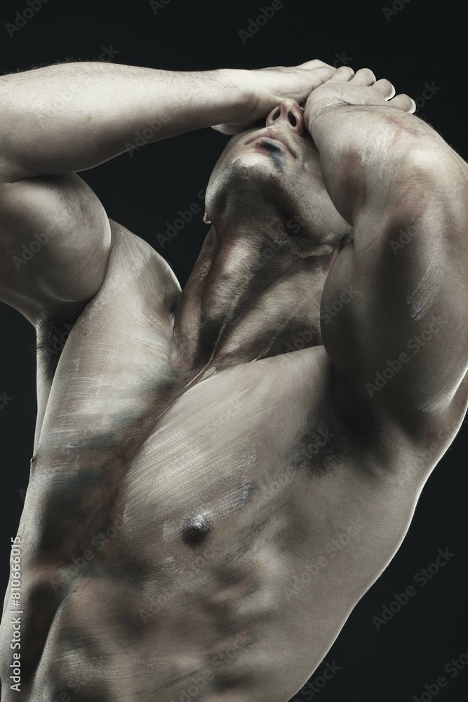 Poster Monochrome, man and bodybuilder with body paint for art decor isolated in studio. Fitness, male model and human artwork with nude muscular and muscle with creative makeup with black background