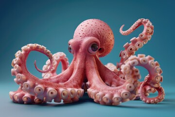 A close up of a large, pink octopus with a curious look on its face