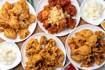 Fried, chicken, seasoning, duck, half-and-half, fried, chicken, Korean, mustard, sauce, radish, soy sauce, garlic,