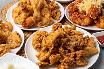 Fried, chicken, seasoning, duck, half-and-half, fried, chicken, Korean, mustard, sauce, radish, soy sauce, garlic,