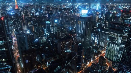 A highangle night view of a bustling city lit by networks, depicting the energy and connectivity of urban life