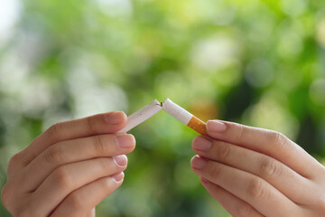 Women hand crushing cigarette on green background, Concept Quitting smoking, World No Tobacco Day. say no. quit smoking for health. drugs, Lung Cancer, emphysema, Break free from dangerous smoking.