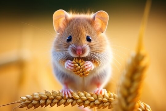 Close-up of a tiny field mouse nibbling on a single grain of wheat in a macro shot