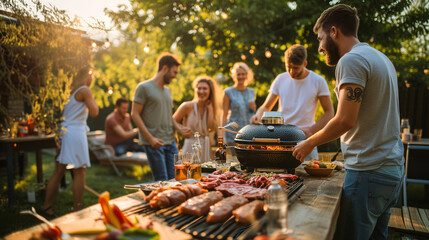 Fototapeta na wymiar A group of friends having a barbecue in a backyard, with a variety of grilled meats and vegetables on the table