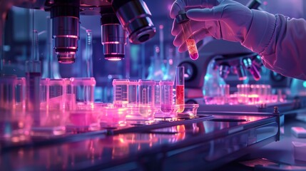 Scientists are developing new vaccines. The lab is filled with advanced equipment, petri dishes, and microscopes. Biopharmaceutical lab