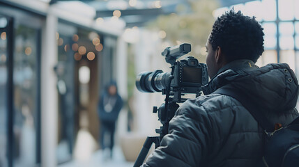 A videographer using a professional camera on a tripod in a bustling indoor setting with ambient lighting