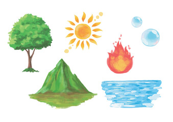 自然の要素のイラスト。木や山の植物と水や火や太陽。手描きのベクター素材セット。