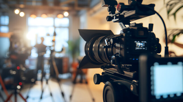 A behind-the-scenes look at a video production setup, featuring a camera and studio lighting in a professional setting