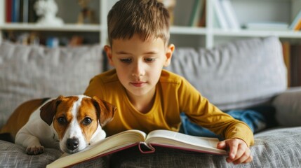 Little boy and dog reading a book on the floor at home, Adorable pet