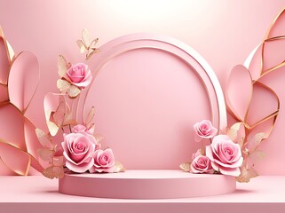 Butterfly podium background pink 3D flower pedestal rose stage cosmetic wedding platform. Background podium gold butterfly arch floral beauty spring presentation shop paper day product mockup