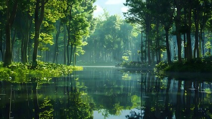  A tranquil forest scene with towering trees reflected in a calm, glassy lake, creating a serene...