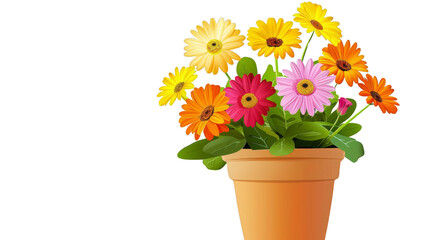 Beautiful flowers in a pot. Gerberas of different colors. Yellow, orange, pink and red. Home decoration.