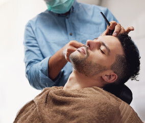 People, barber and hands or maintenance in barbershop with razor, face and salon. Professional hairdresser, haircare and shave or blade for moustache treatment, client and customer for beard trim
