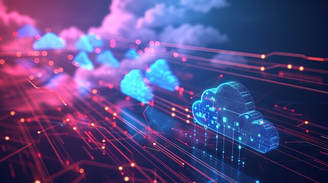 Futuristic network of cloud computing and blockchain technology - A vibrant 3d polygonal illustration depicting the interconnected world of digital currency and modern tech
