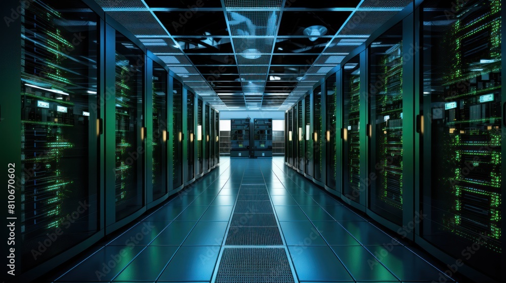 Poster data center filled with rows of servers and network equipment,
