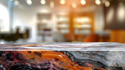 Obraz premium Blurred bokeh office interior with marble stone tabletop for product display. Concept Office Interiors, Bokeh Photography, Marble Tabletop, Product Display, Blurred Background