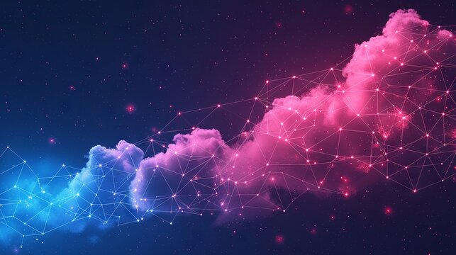 Futuristic network of cloud computing and blockchain technology - A vibrant 3d polygonal illustration depicting the interconnected world of digital currency and modern tech