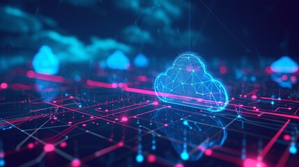 Futuristic network of cloud computing and blockchain technology - A vibrant 3d polygonal illustration depicting the interconnected world of digital currency and modern tech