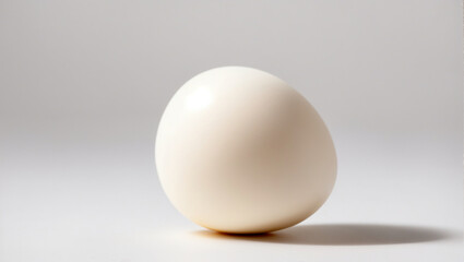 An egg without its top half of the shell sits in the bottom half of the shell.